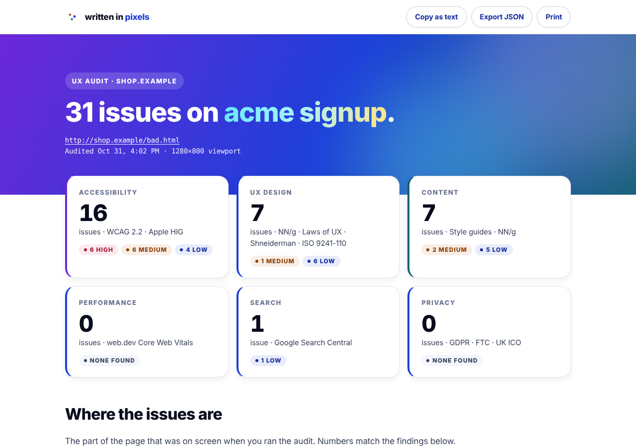 A UX Audit report with a count of issues, summary cards for each area and a screenshot marked with numbered issues.